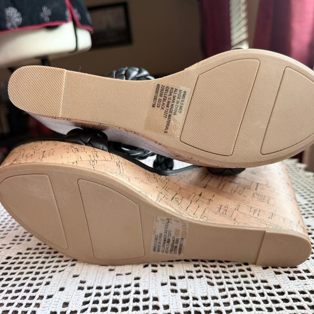LC‎ Lauren Conrad Braided Strap Cork Wedge Sandals Black Size 9.5